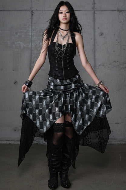 Velvet Irregular Check Bandeau Dress