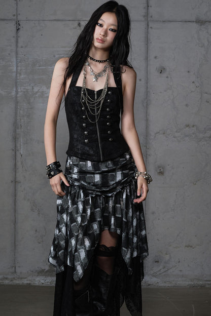 Velvet Irregular Check Bandeau Dress