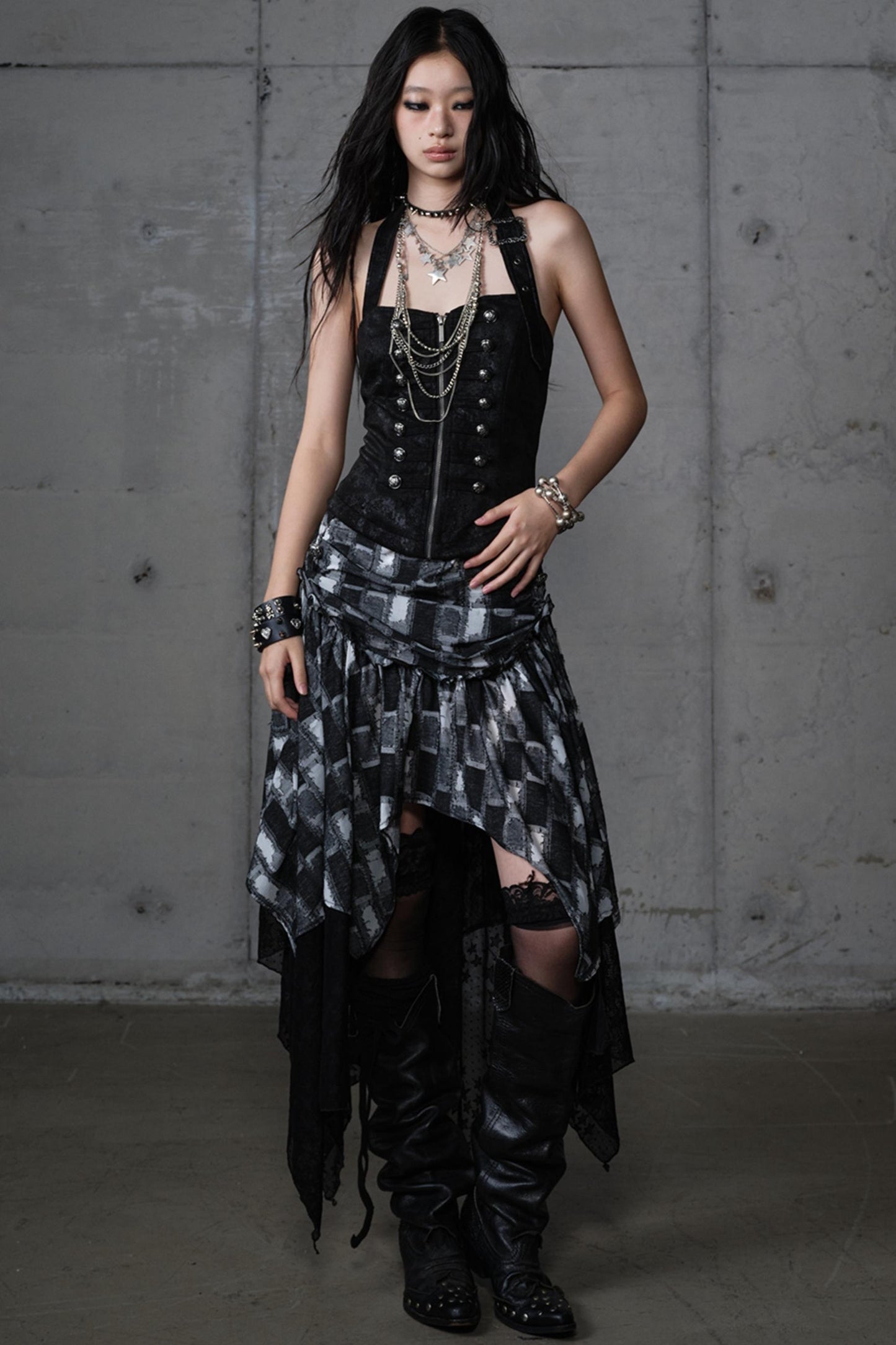 Velvet Irregular Check Bandeau Dress