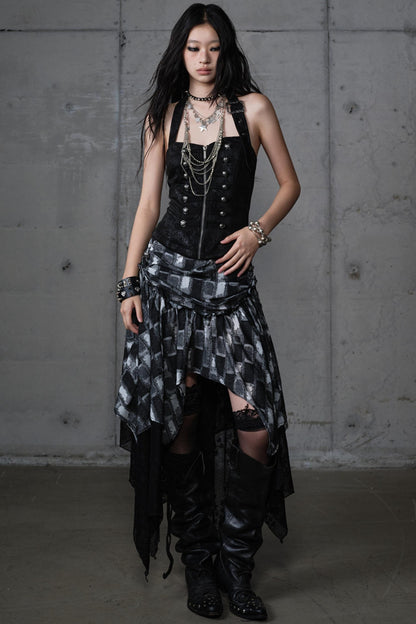 Velvet Irregular Check Bandeau Dress