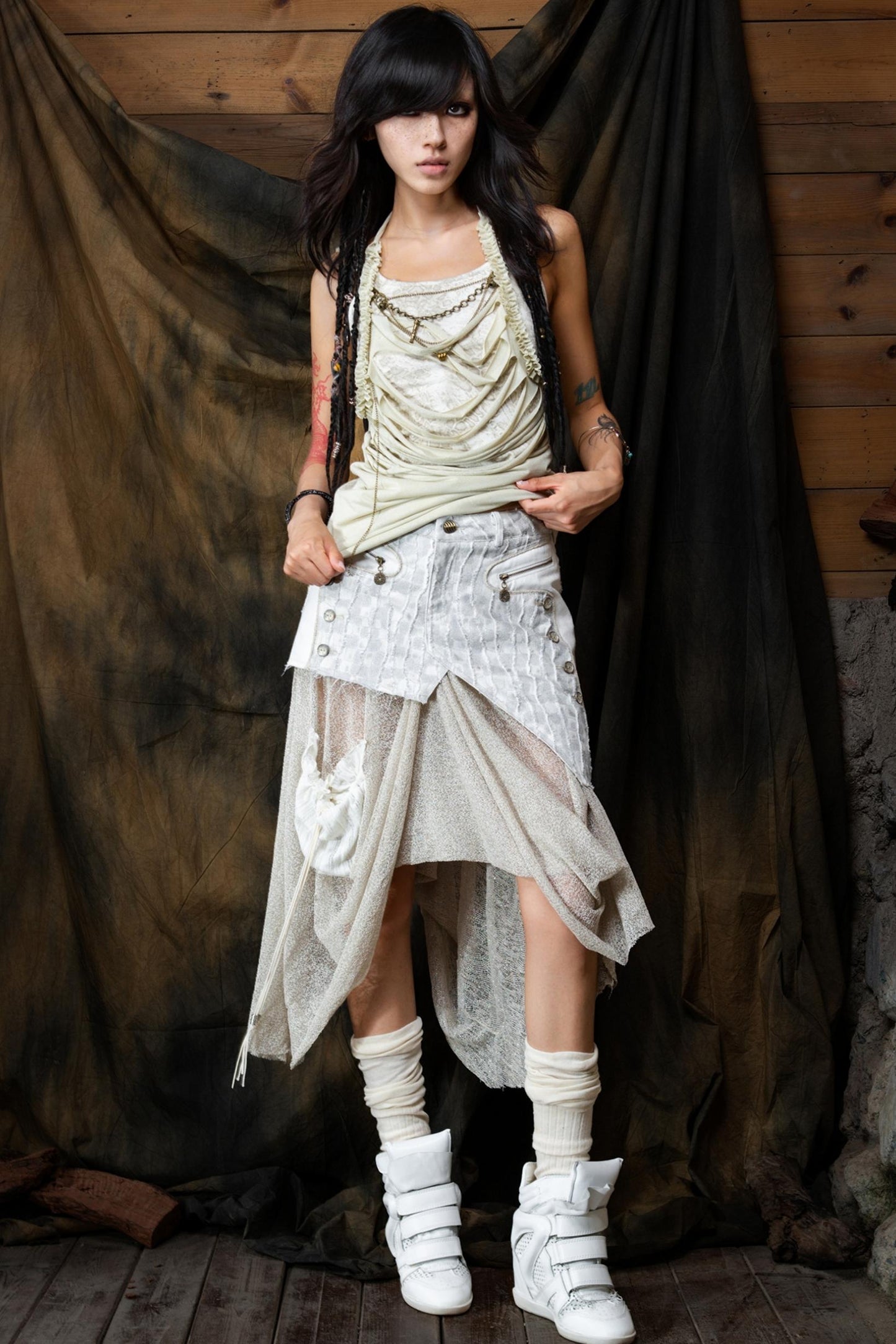 Vintage Patchwork Mesh Maxi Skirt