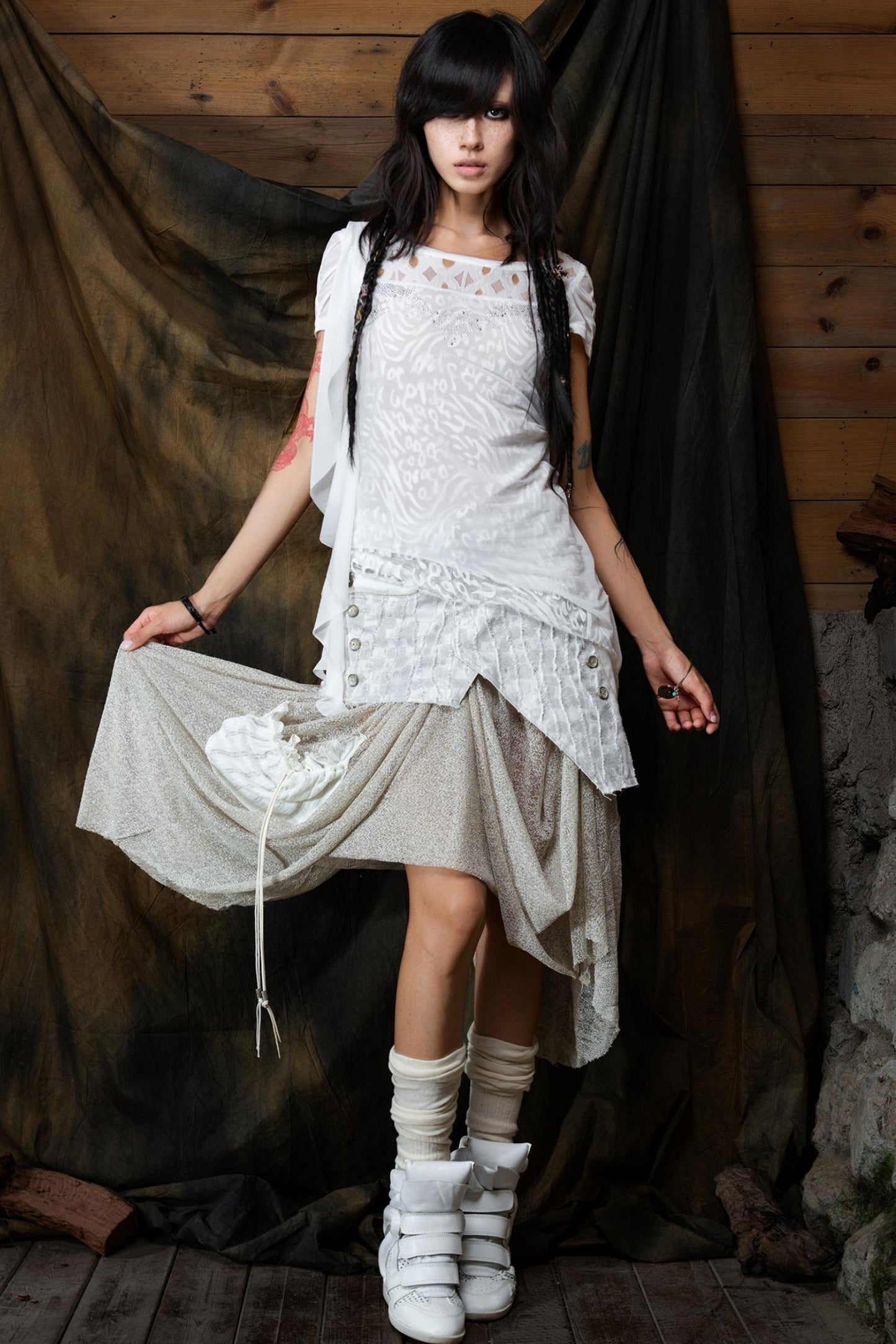 Vintage Patchwork Mesh Maxi Skirt