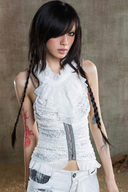 Necklace Accessory Multi-Ruched Lace Halter Top Set