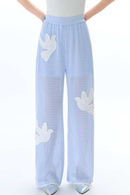 Sun Bird Embroidery Loose Knit Trousers