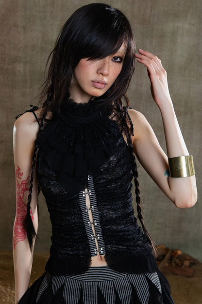 Necklace Accessory Multi-Ruched Lace Halter Top Set