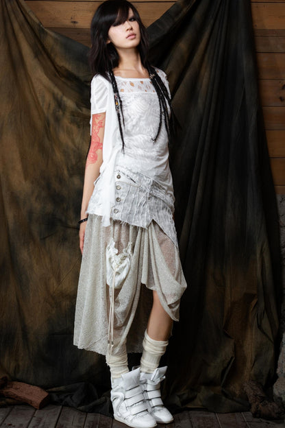 Vintage Patchwork Mesh Maxi Skirt