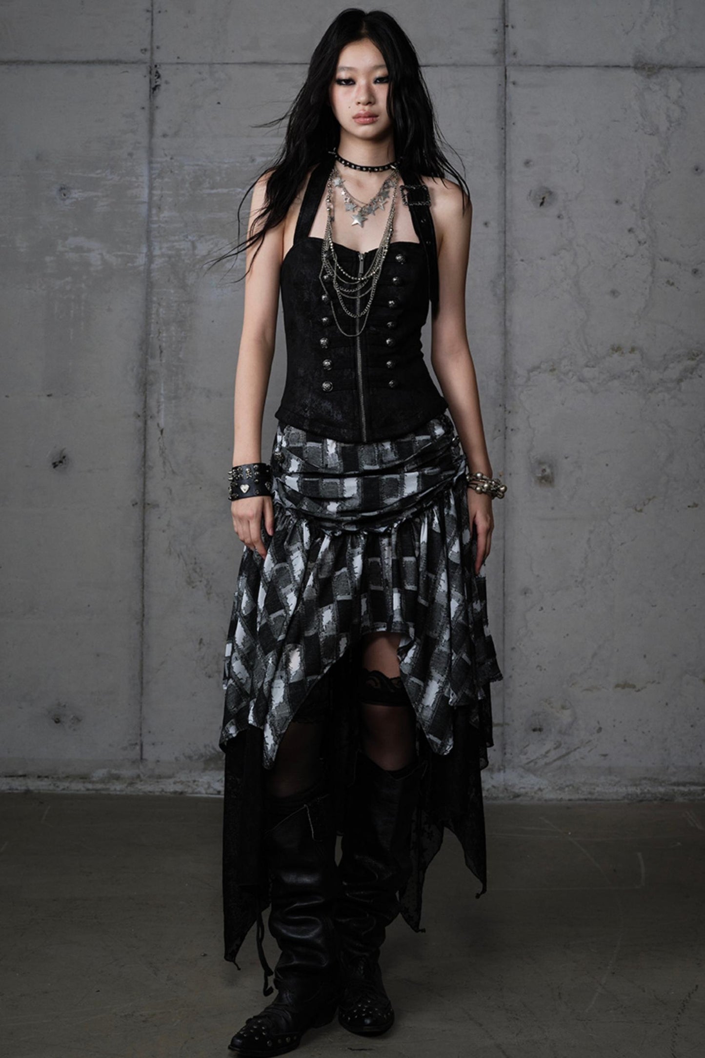 Velvet Irregular Check Bandeau Dress