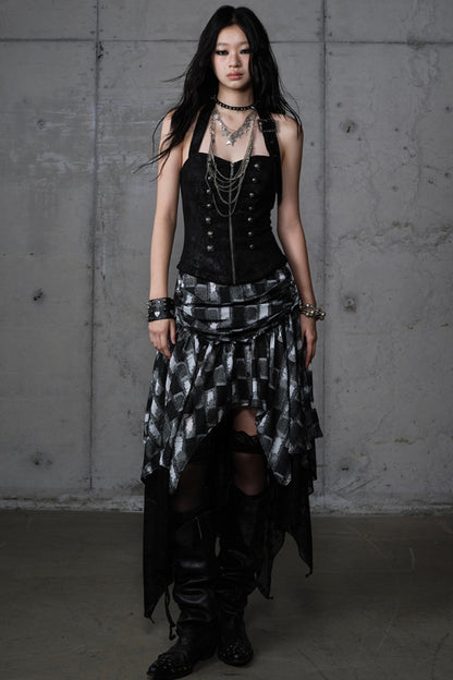 Velvet Irregular Check Bandeau Dress