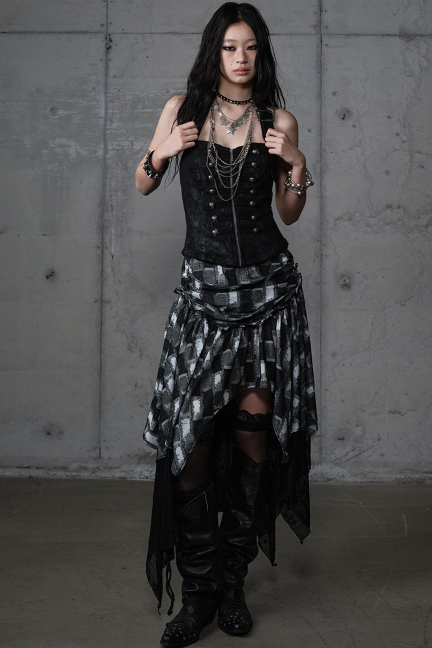 Velvet Irregular Check Bandeau Dress