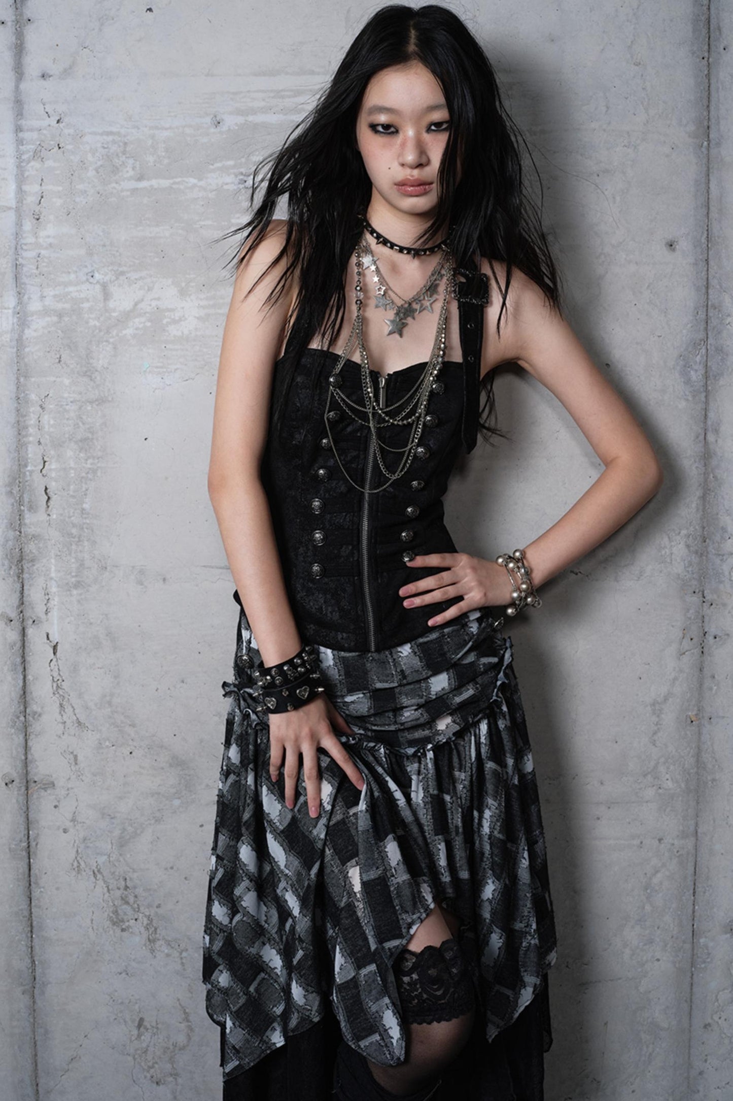 Velvet Irregular Check Bandeau Dress