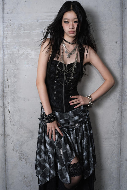 Velvet Irregular Check Bandeau Dress