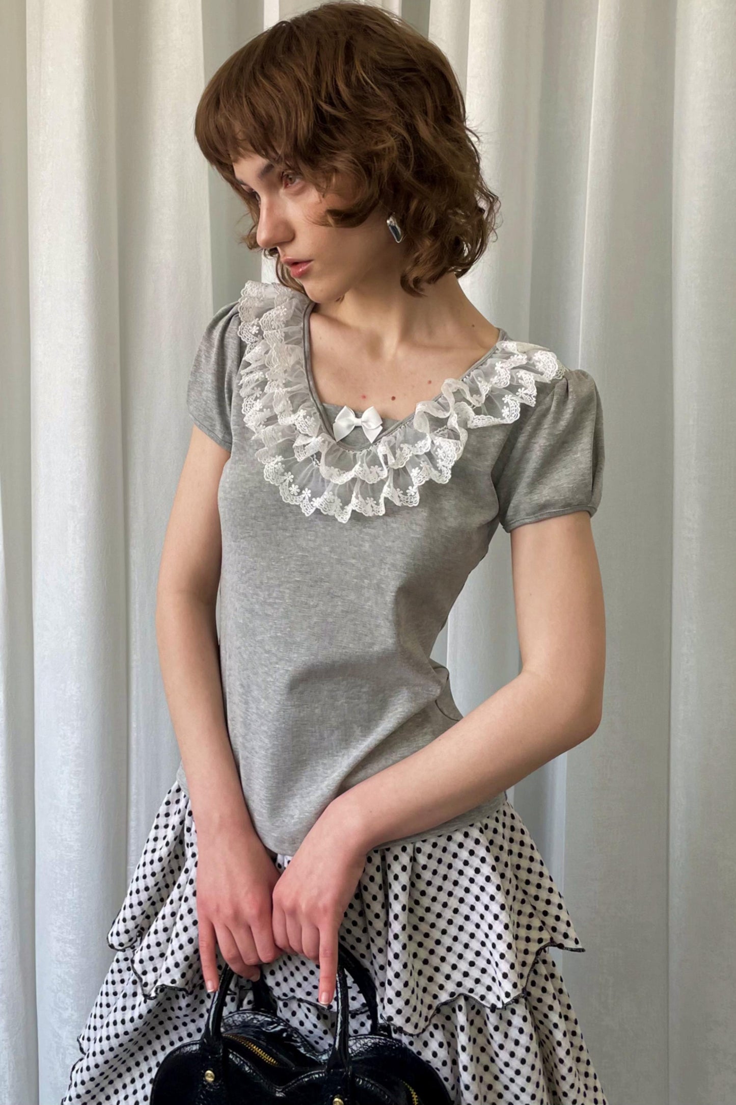 Grey Bubble Knit Lace Mini T-Shirt