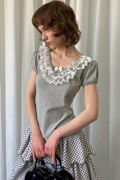 Grey Bubble Knit Lace Mini T-Shirt