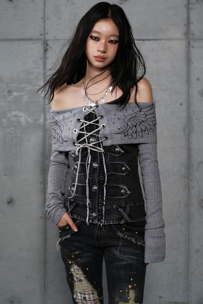 Vintage Denim Embroidered Long Sleeve Shirt