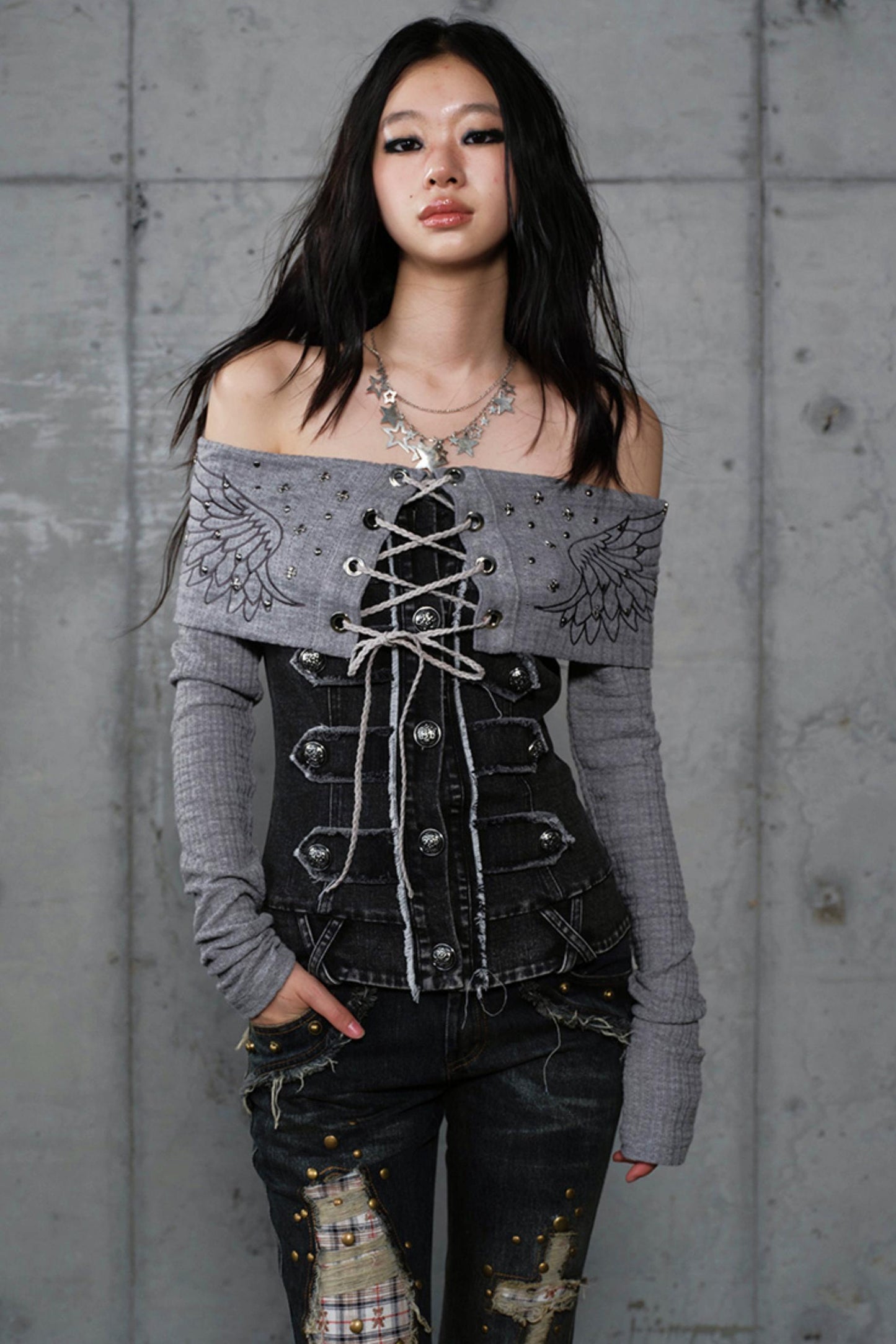 Vintage Denim Embroidered Long Sleeve Shirt