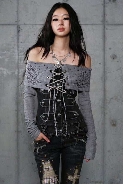 Vintage Denim Embroidered Long Sleeve Shirt