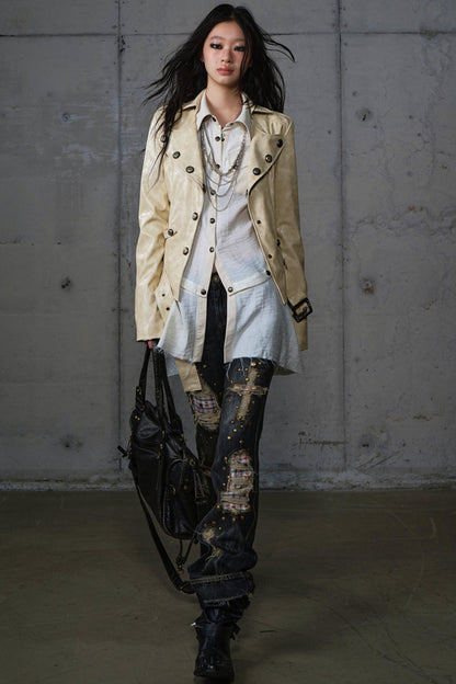 Vintage Punk Patchwork Leather Long Sleeve Shirt