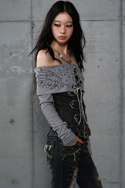 Vintage Denim Embroidered Long Sleeve Shirt