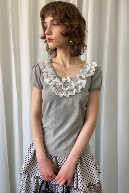 Grey Bubble Knit Lace Mini T-Shirt