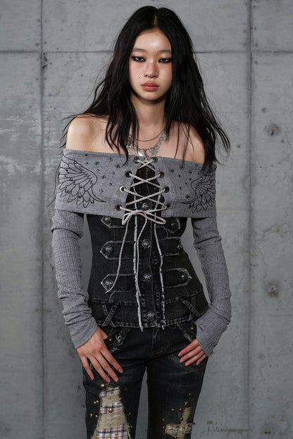 Vintage Denim Embroidered Long Sleeve Shirt