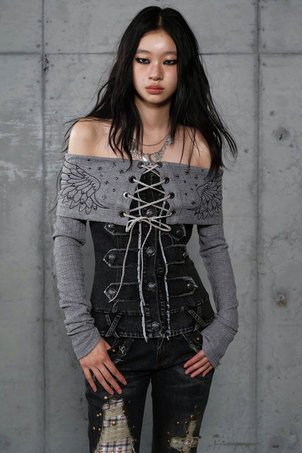 Vintage Denim Embroidered Long Sleeve Shirt