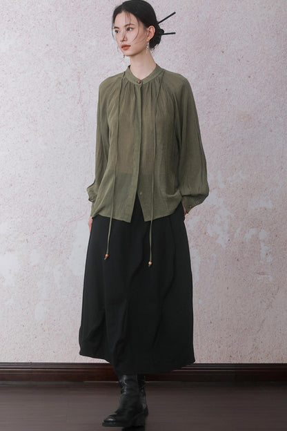 Autumn Green Stand Up Collar Chinese Shirt