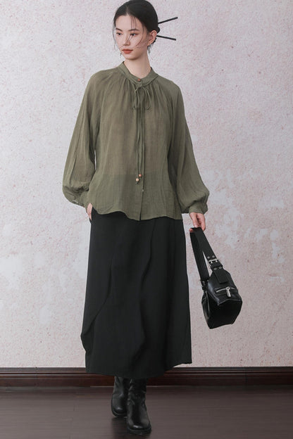 Autumn Green Stand Up Collar Chinese Shirt
