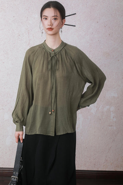 Autumn Green Stand Up Collar Chinese Shirt