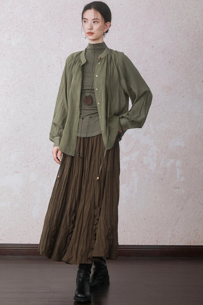 Autumn Green Stand Up Collar Chinese Shirt