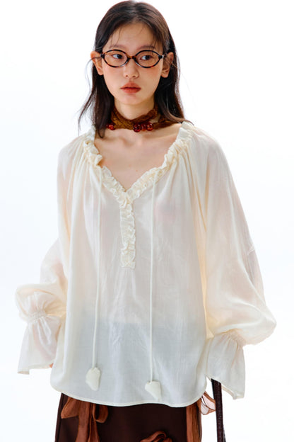 Blue Flower Fruit Ruffle V-Neck Shirt