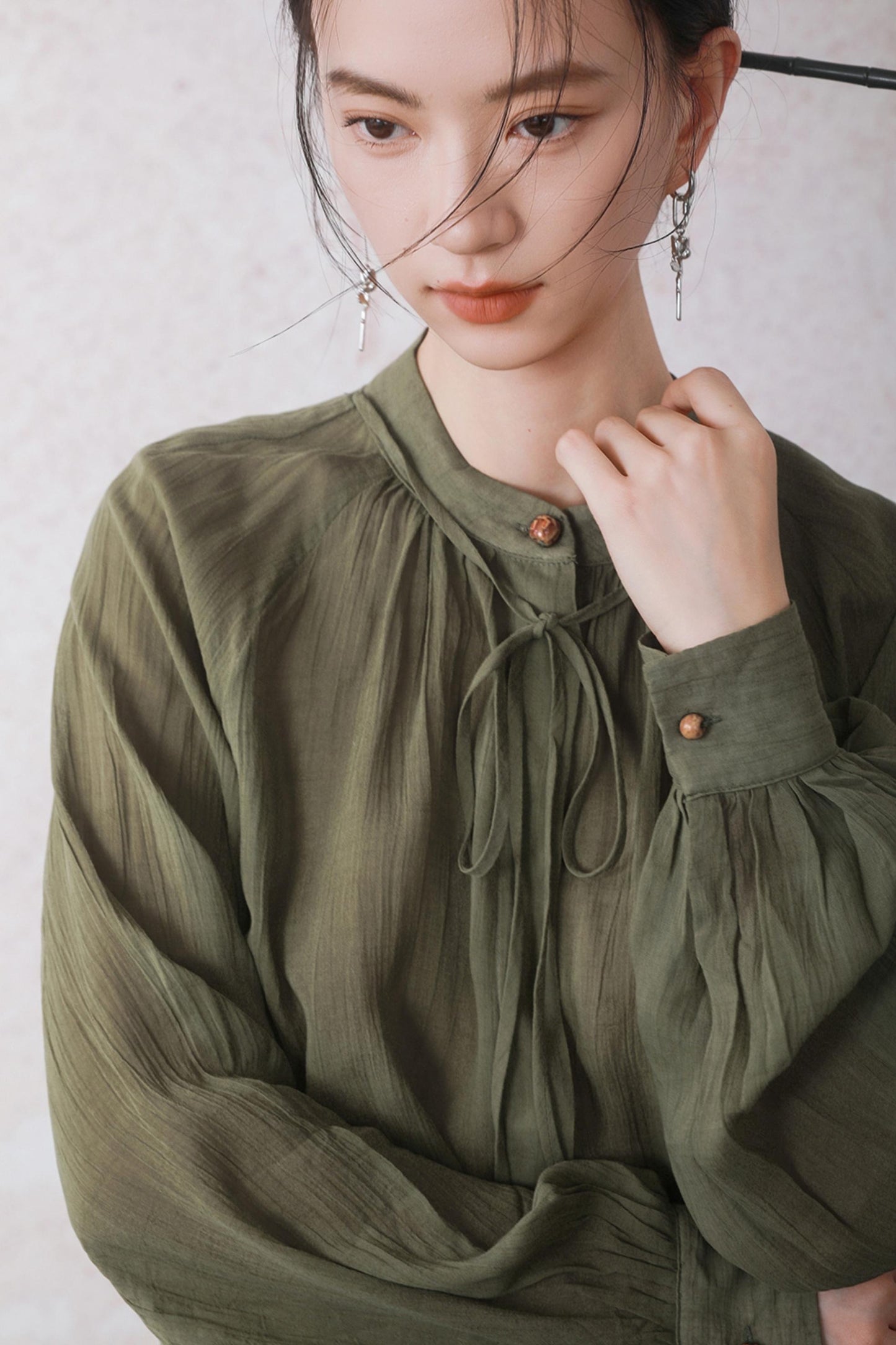 Autumn Green Stand Up Collar Chinese Shirt