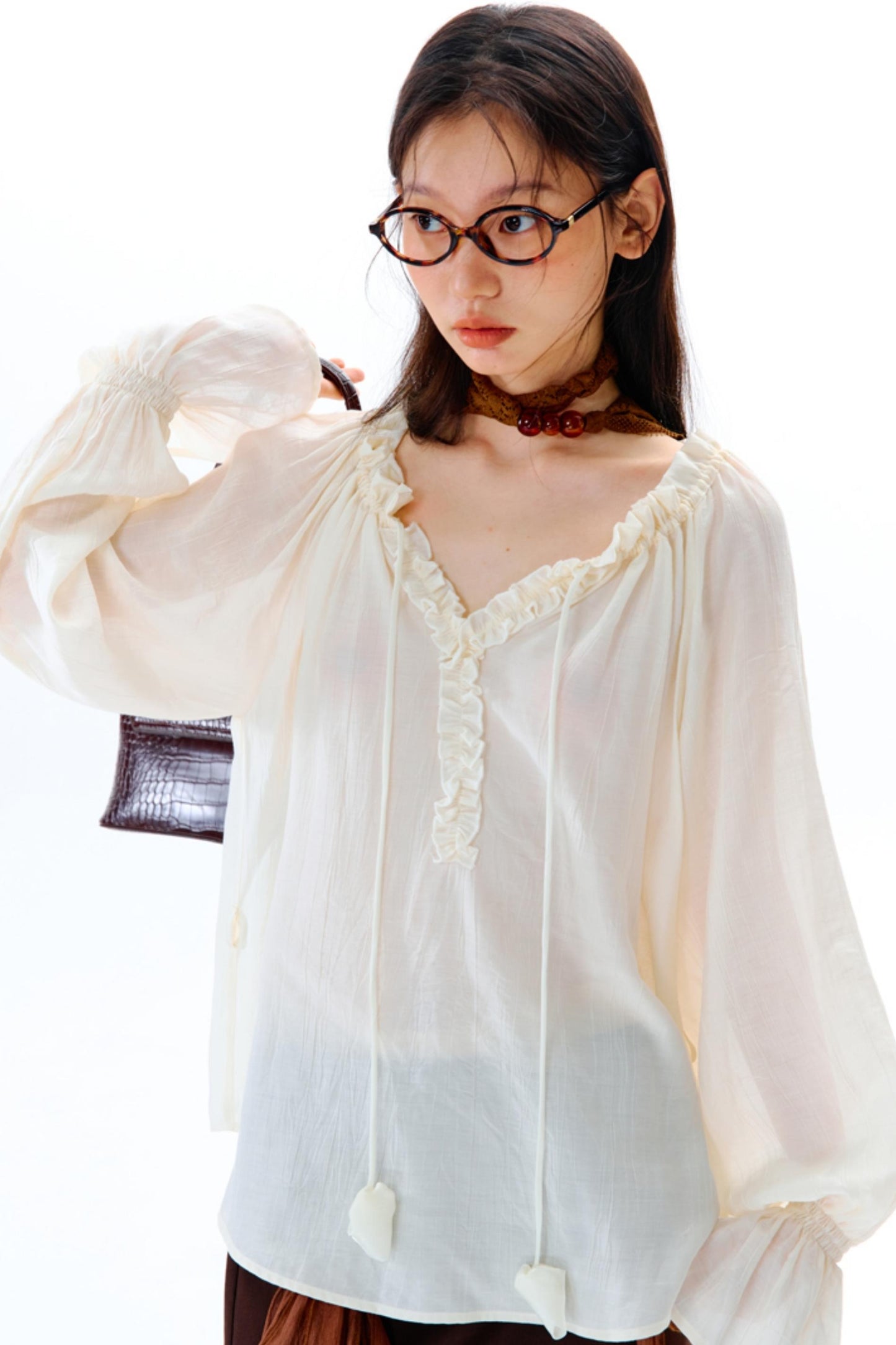 Blue Flower Fruit Ruffle V-Neck Shirt