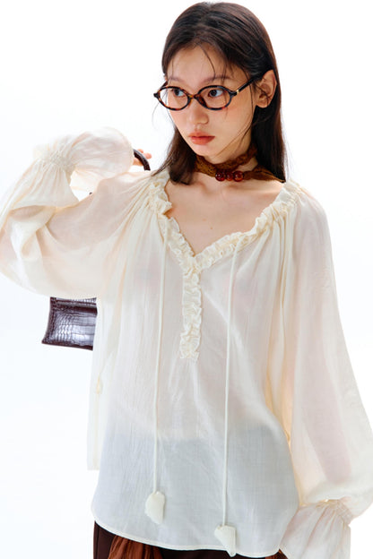 Blue Flower Fruit Ruffle V-Neck Shirt