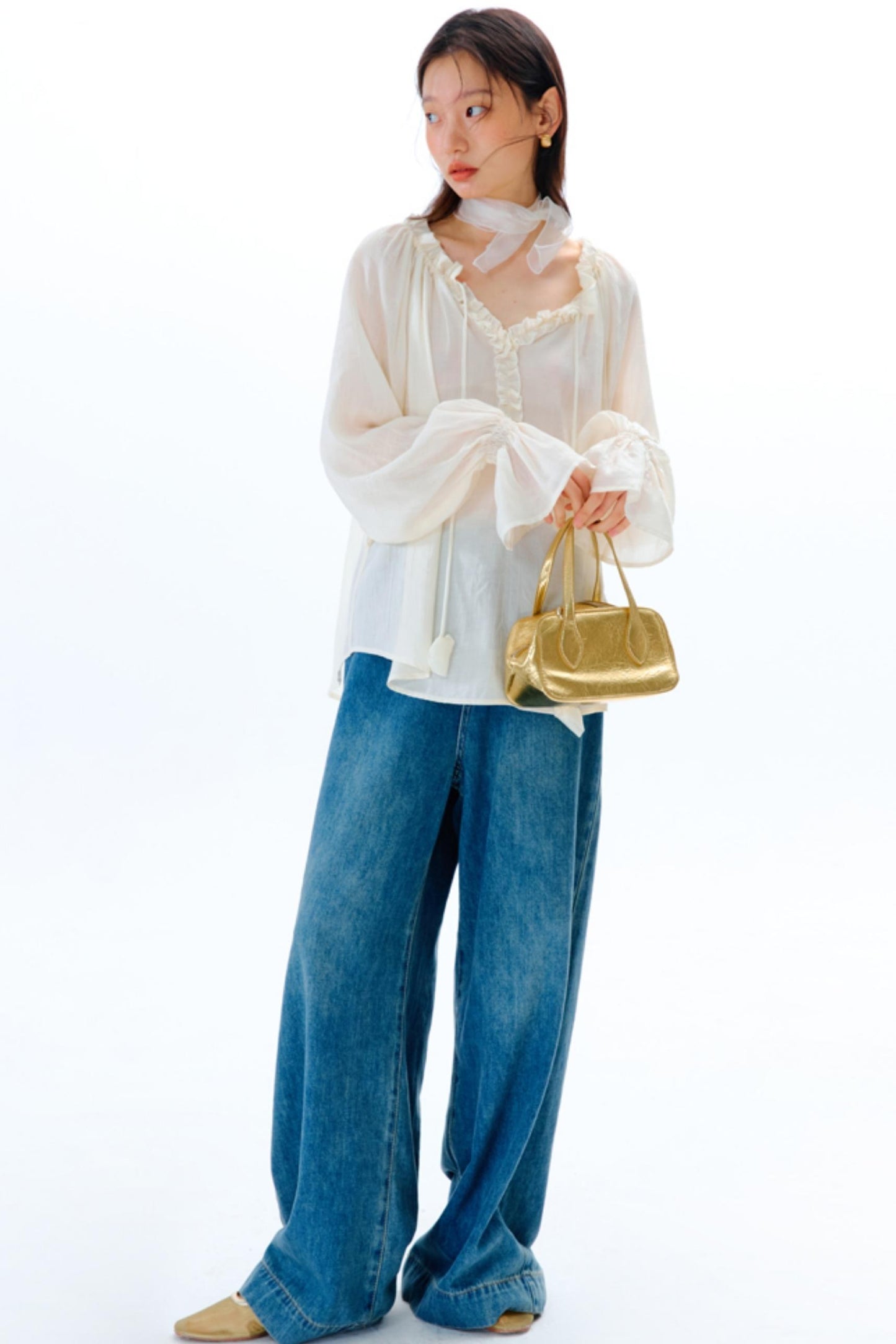 Blue Flower Fruit Ruffle V-Neck Shirt