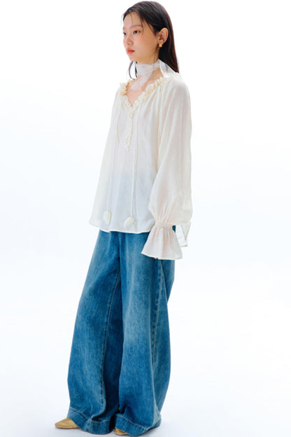 Blue Flower Fruit Ruffle V-Neck Shirt