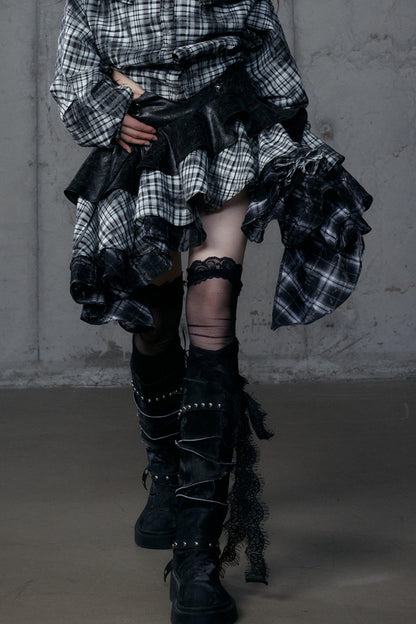 Dark Retro Plaid Leather Skirt