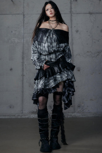 Dark Retro Plaid Leather Skirt