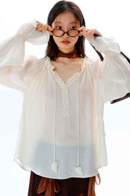 Blue Flower Fruit Ruffle V-Neck Shirt