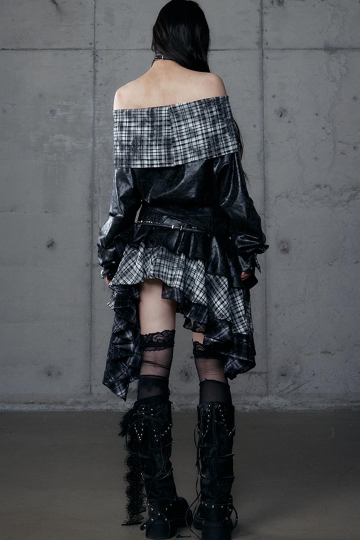 Dark Retro Plaid Leather Skirt