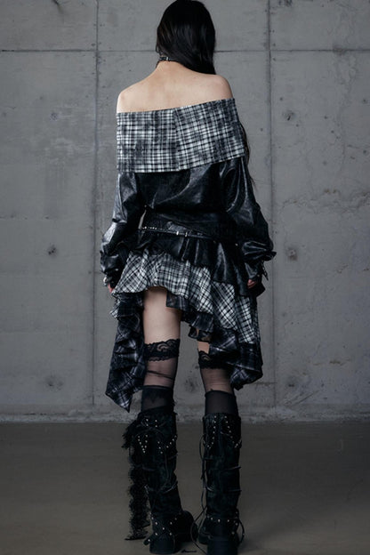 Dark Retro Plaid Leather Skirt