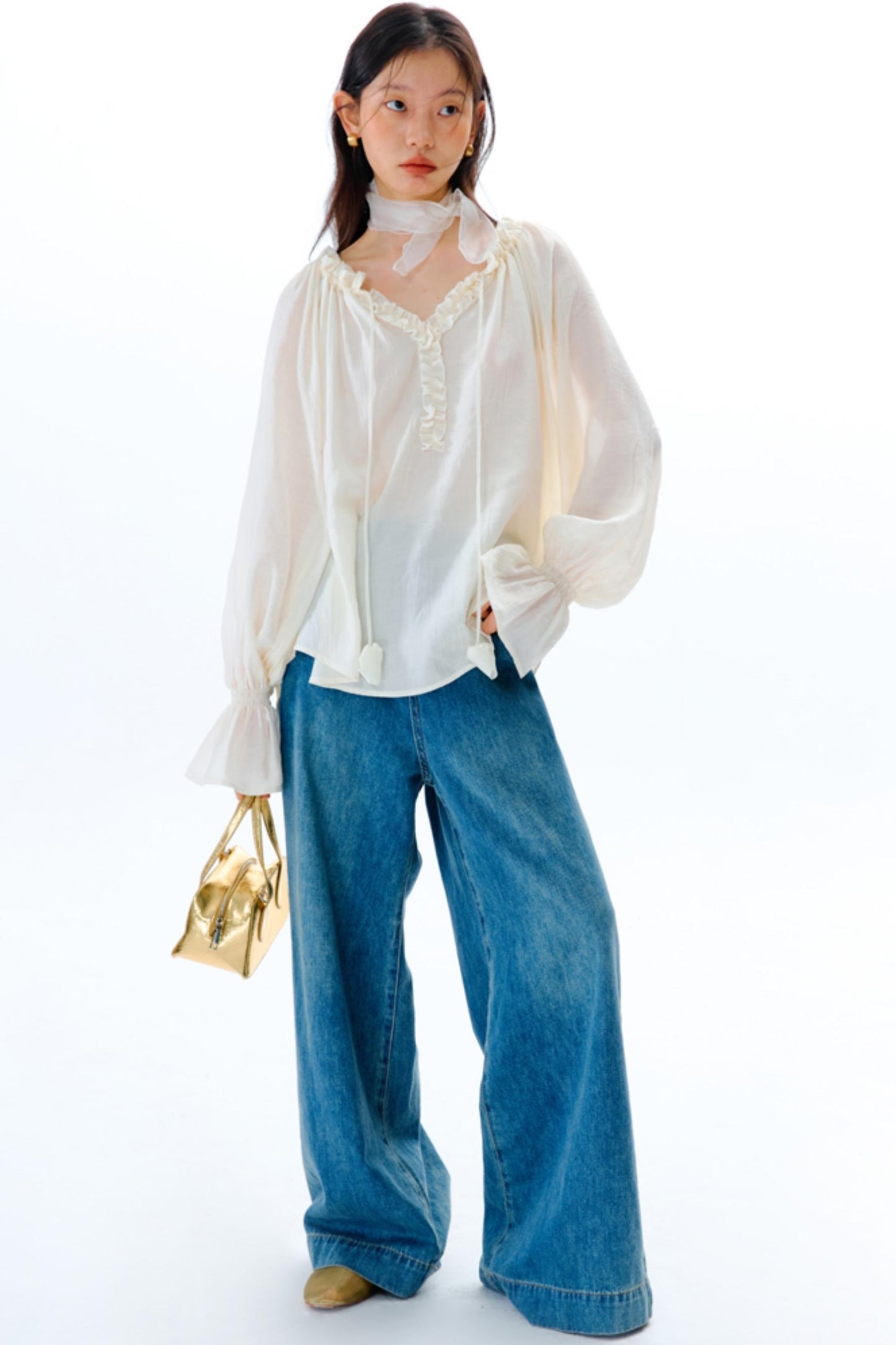 Blue Flower Fruit Ruffle V-Neck Shirt