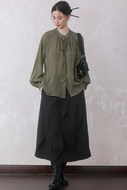 Autumn Green Stand Up Collar Chinese Shirt