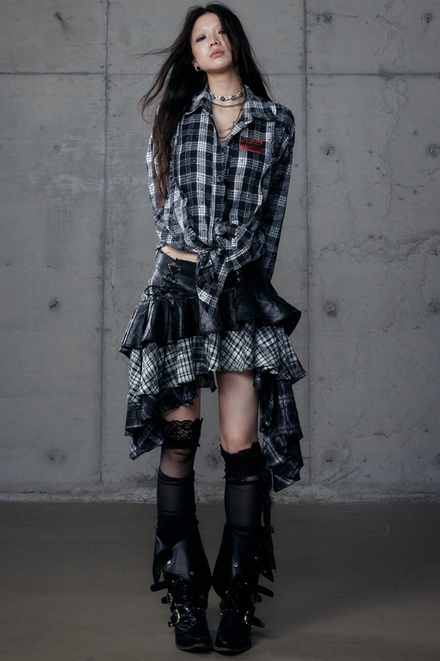 Dark Retro Plaid Leather Skirt