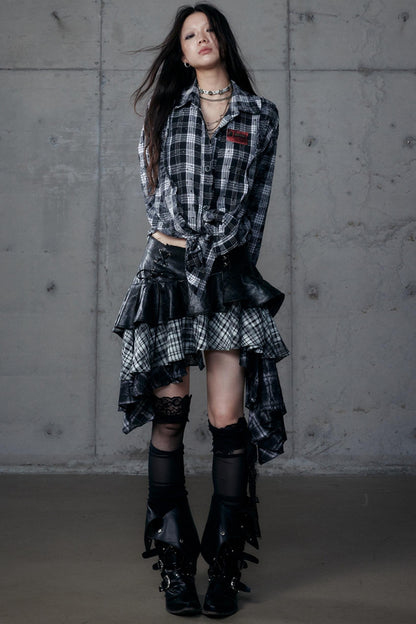Dark Retro Plaid Leather Skirt