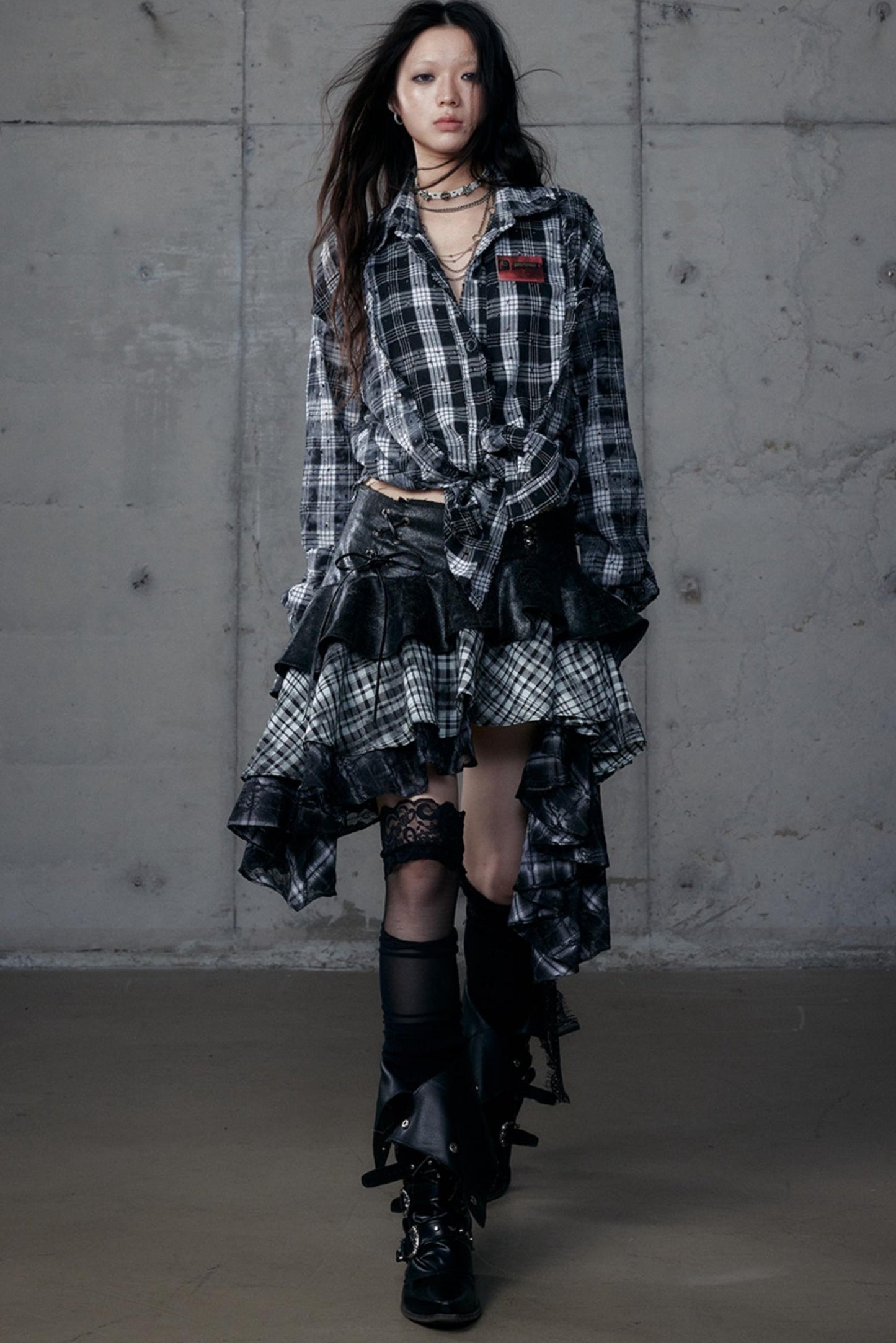 Dark Retro Plaid Leather Skirt