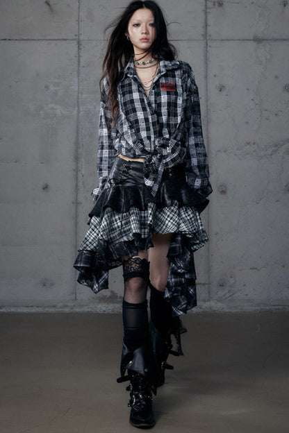 Dark Retro Plaid Leather Skirt