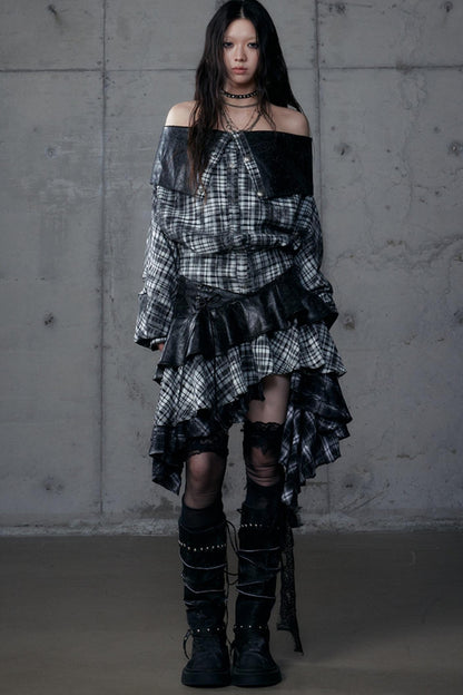 Dark Retro Plaid Leather Skirt