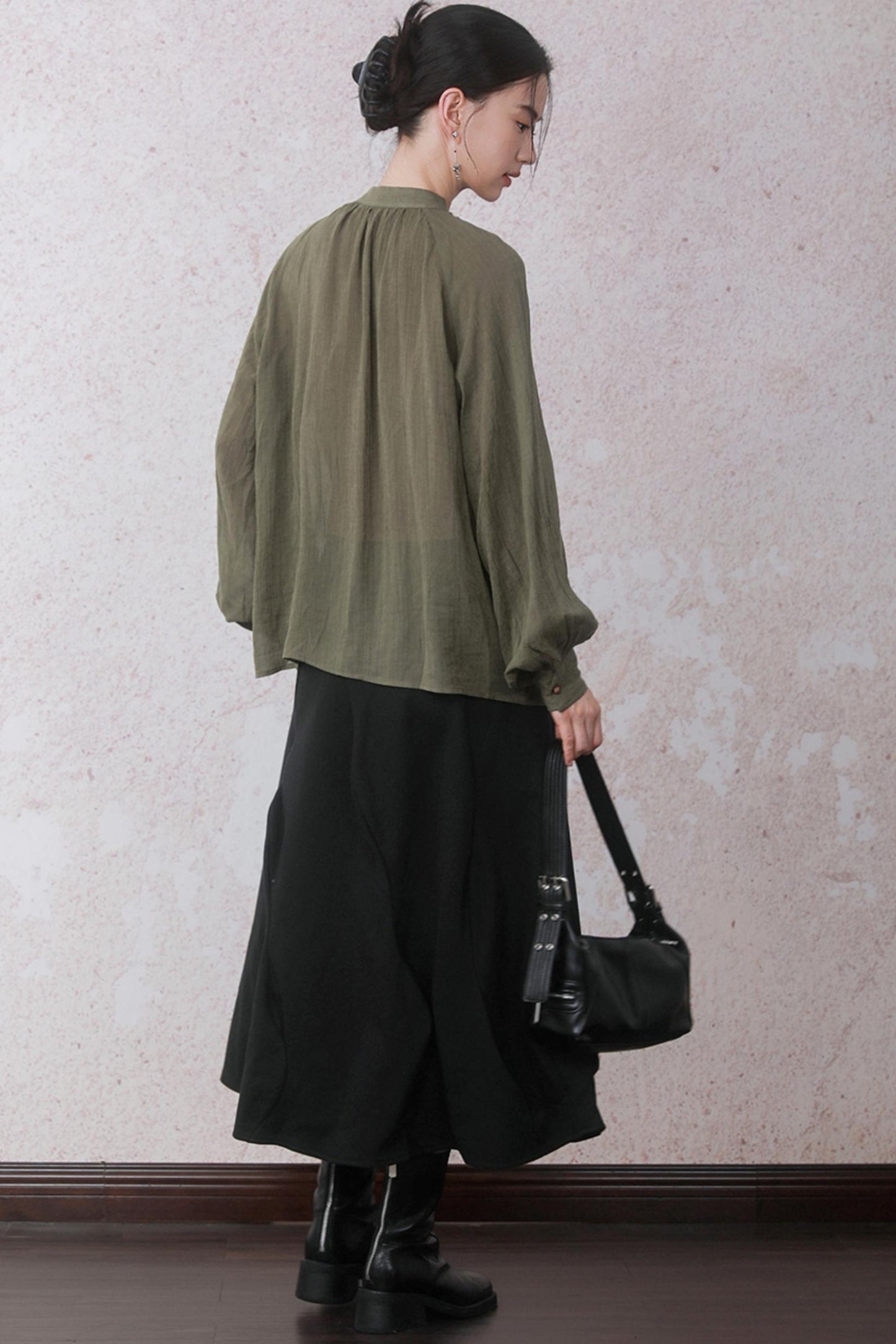 Autumn Green Stand Up Collar Chinese Shirt
