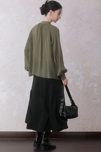 Autumn Green Stand Up Collar Chinese Shirt