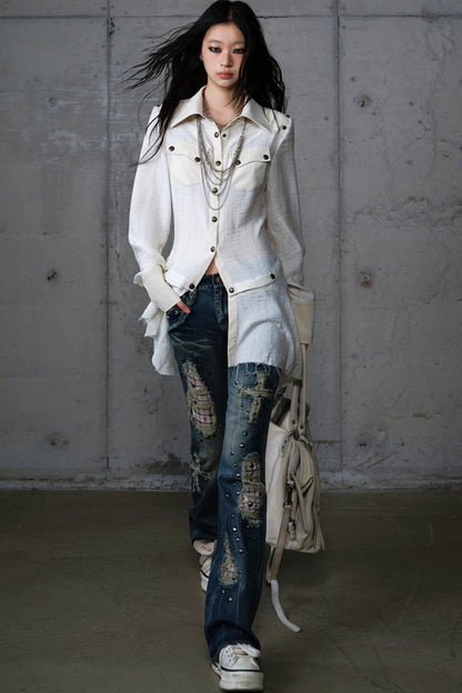 Vintage Punk Patchwork Leather Long Sleeve Shirt